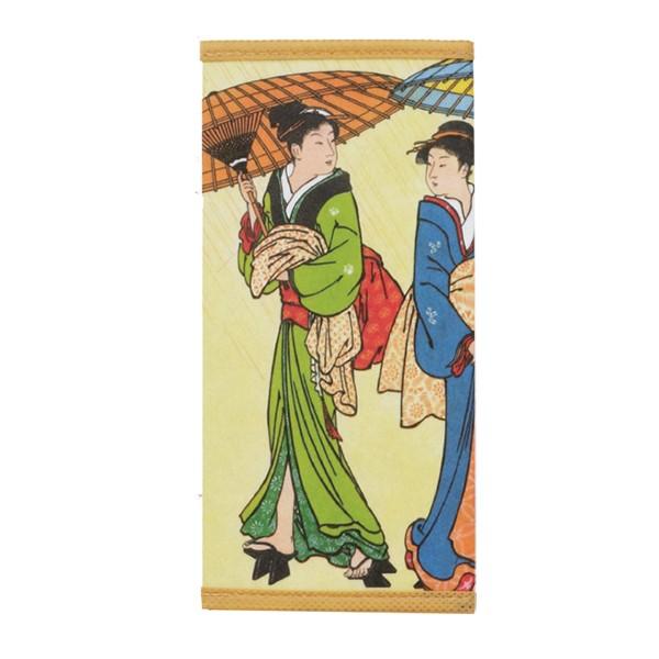 A rectangular fabric wallet featuring a vintage Japanese-style illustration of two women in traditional garments, one in green and one in blue, holding umbrellas, set against a plain white background.