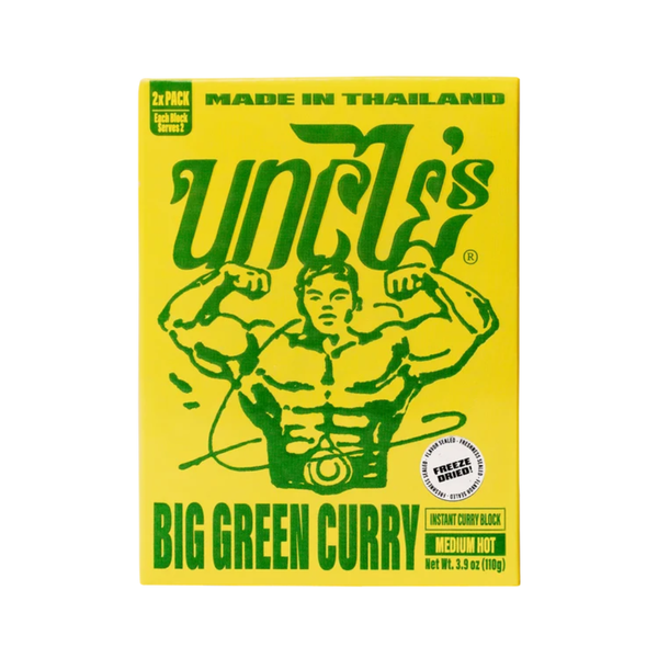 Uncle's Big Green Curry instant curry blocks in a bright yellow box with green text and a muscular flexing graphic, shown on a white background.