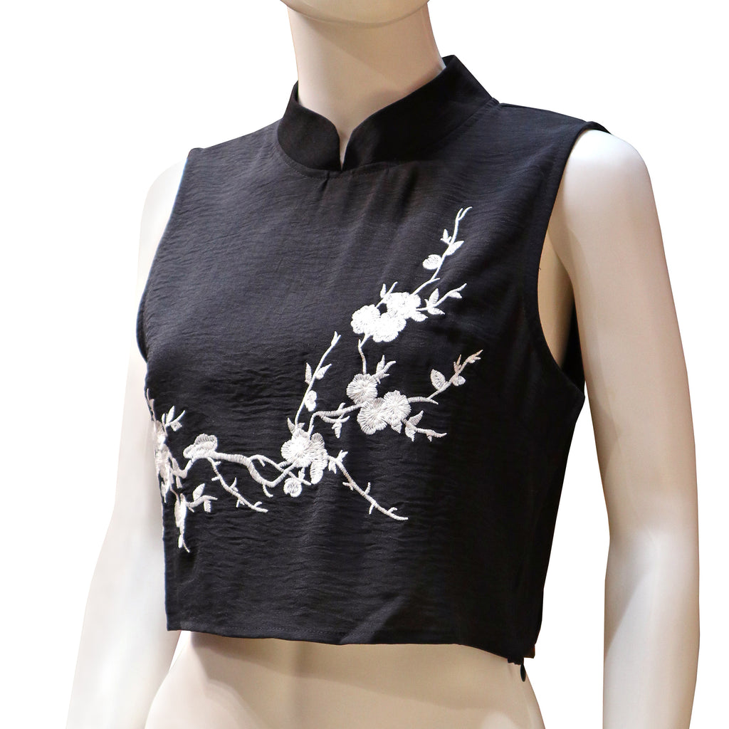 Sleeveless Qipao Top with Embroidered Floral Print - Onyx