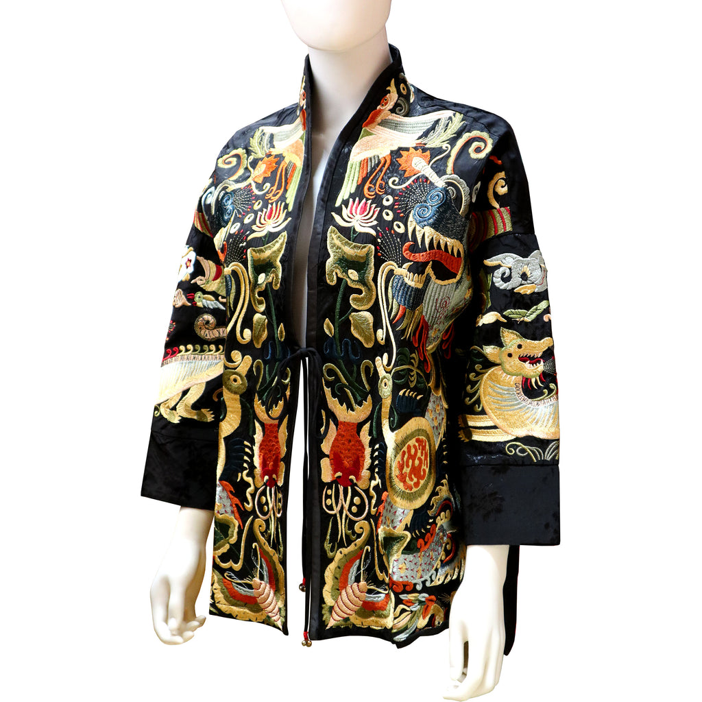 Embroidered Jacket with Floral and Animal Design - Onyx