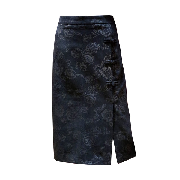 Midi Skirt with Floral Design and Pankou Buttons - Onyx