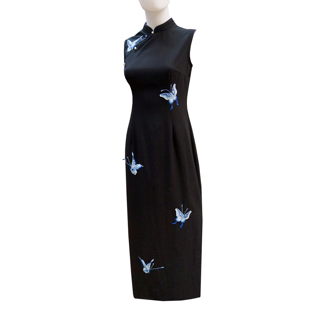 Sleeveless Ankle-Length Qipao with Butterfly Print - Onyx