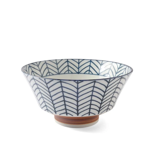 Ceramic bowl with blue and white pattern on a white background