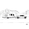 Illustration of a truck towing a camper with a mountainous landscape in the background.
