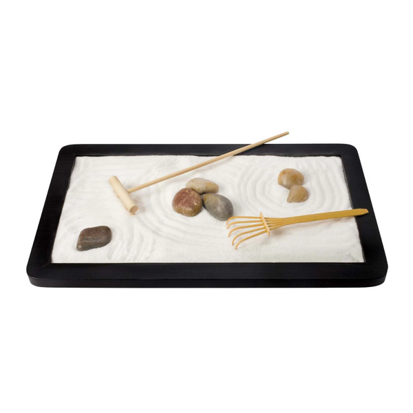 Zen Garden rake, tray with sand and smooth rocks