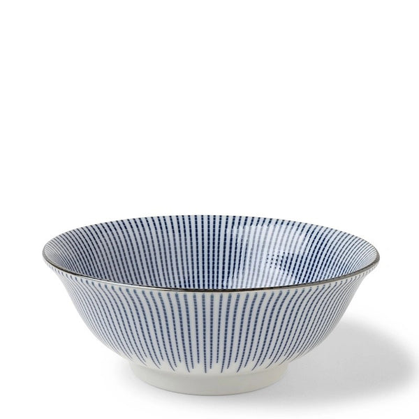 A ceramic bowl with a blue geometric pattern