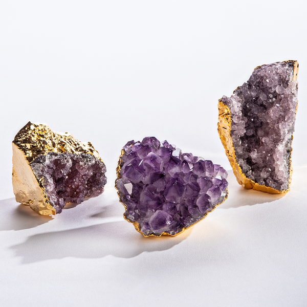 three gold gilded amethyst stone