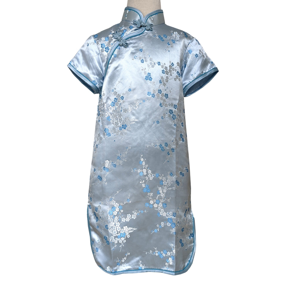 Pale Blue Blossom Short Sleeve Brocade Girls Dress