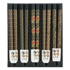 Five pairs of black chopsticks with assorted patterns.