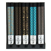 Five pairs of black chopsticks with assorted patterns.