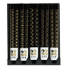 Five pairs of black chopsticks with assorted patterns.