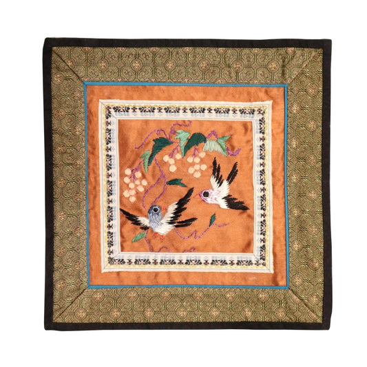 Hand Embroidered Silk Square Placemat - 2 birds with flowers on orange background