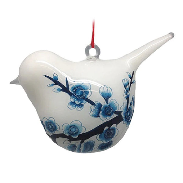 Hand-Painted Glass Ornament, Bird Shape, Blue And White Cherry Blossoms