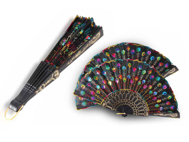 Black Frame Sequins Fabric Fan - 9 Inch