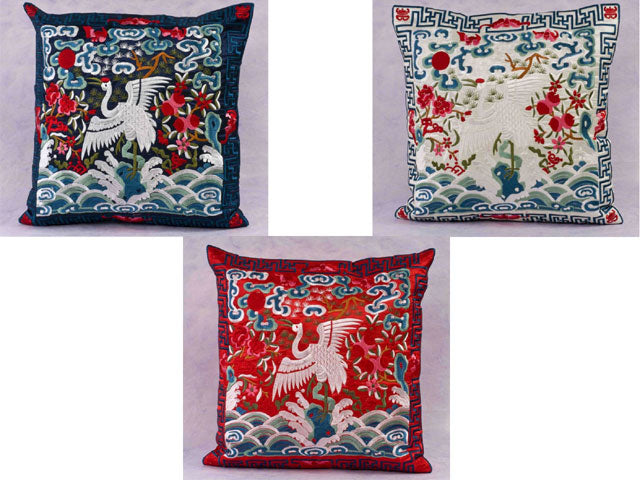 Silk Rayon Embroidered Crane Throw Pillow  - Pillow Case (Upon Request Only)