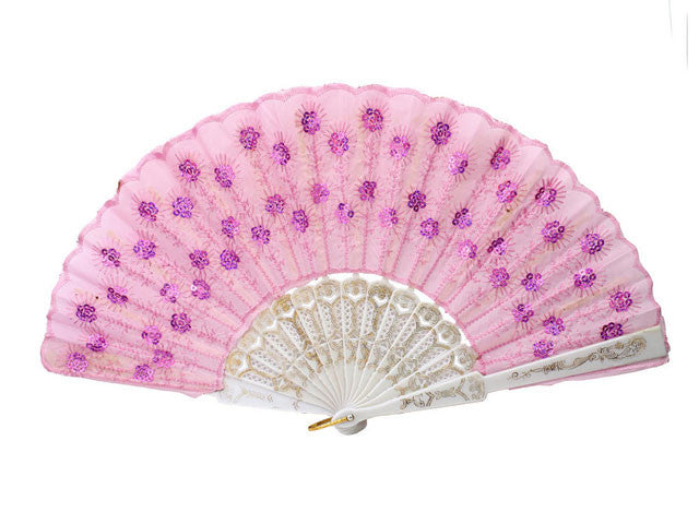 White Frame Sequins Fabric Fan - 9 Inch