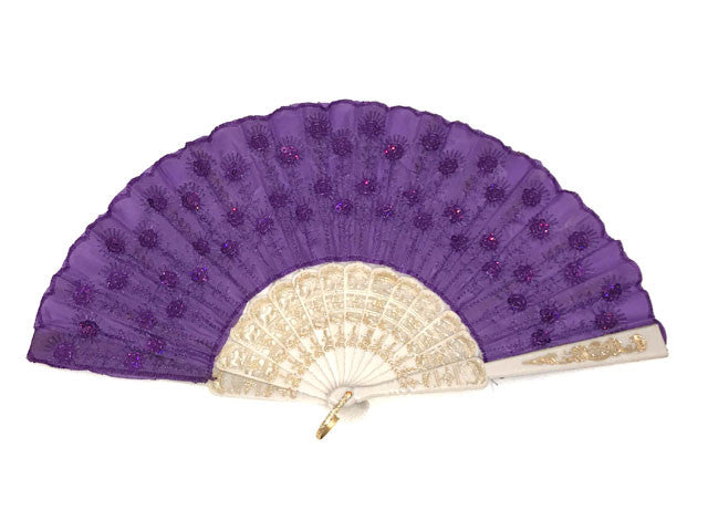 White Frame Sequins Fabric Fan - 9 Inch