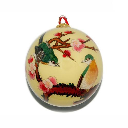 Hand-Painted Glass Ornament, Green and Yellow Birds with Cherry Blossoms