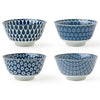 Blue and white is the new neutral. These 5" bowls are perfect for cereal, rice, soup, salad and snacks. Assorted patterns to bring beautiful variety to your life. This Japanese bowl set includes four bowls packaged in a black gift box.  5" diameter x 2.75"h. Ceramic. Microwave, dishwasher safe. Made in Japan.