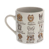 White ceramic mug featuring colorful, cartoon-style illustrations of various dog breeds, each labeled in English and Japanese. The design is playful and charming.