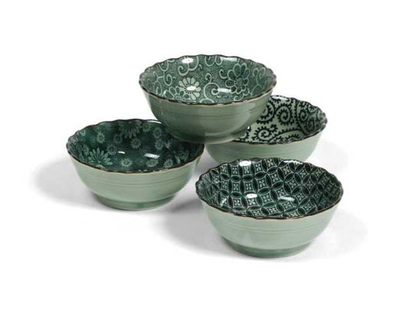 MIY-J1086  Inspired by antique Japanese textiles, this wonderful series highlights the patterns with a beautiful greenish-gray background. These 4.75" diameter shallow bowls are great for food, candles or soaps. Packaged in a black gift box.  4.75" diameter x 2"h. Microwave, dishwasher safe. Made in Japan.