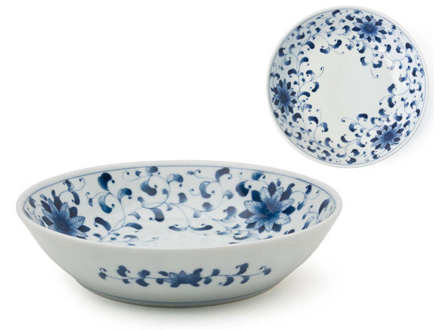 Blue on White Arabesque Mum Design Ceramic Serving Bowls - 8.25 inches