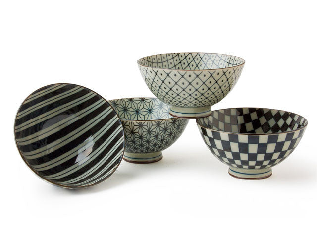 Retro Black & White 4.5" Rice Bowl Set