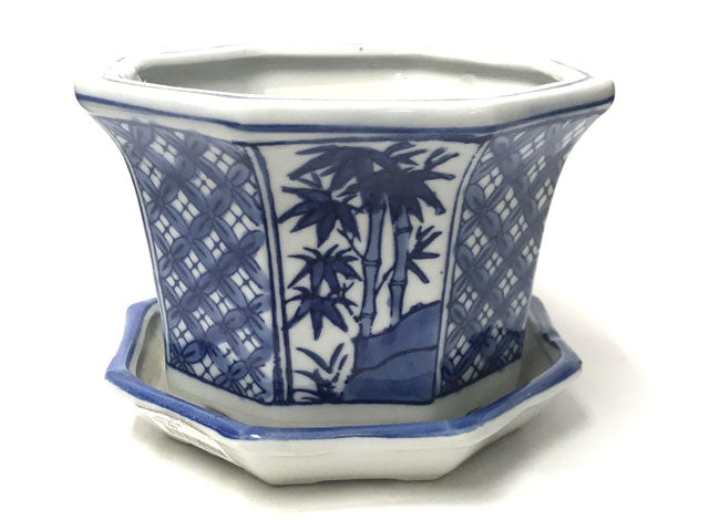 Blue on White Ceramic Flower Pot with Tray (Octagon - Bamboo)