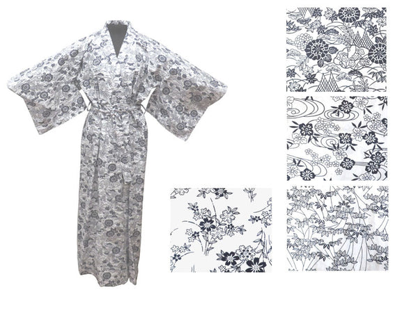 Black on white cotton floral print robe, ankle length